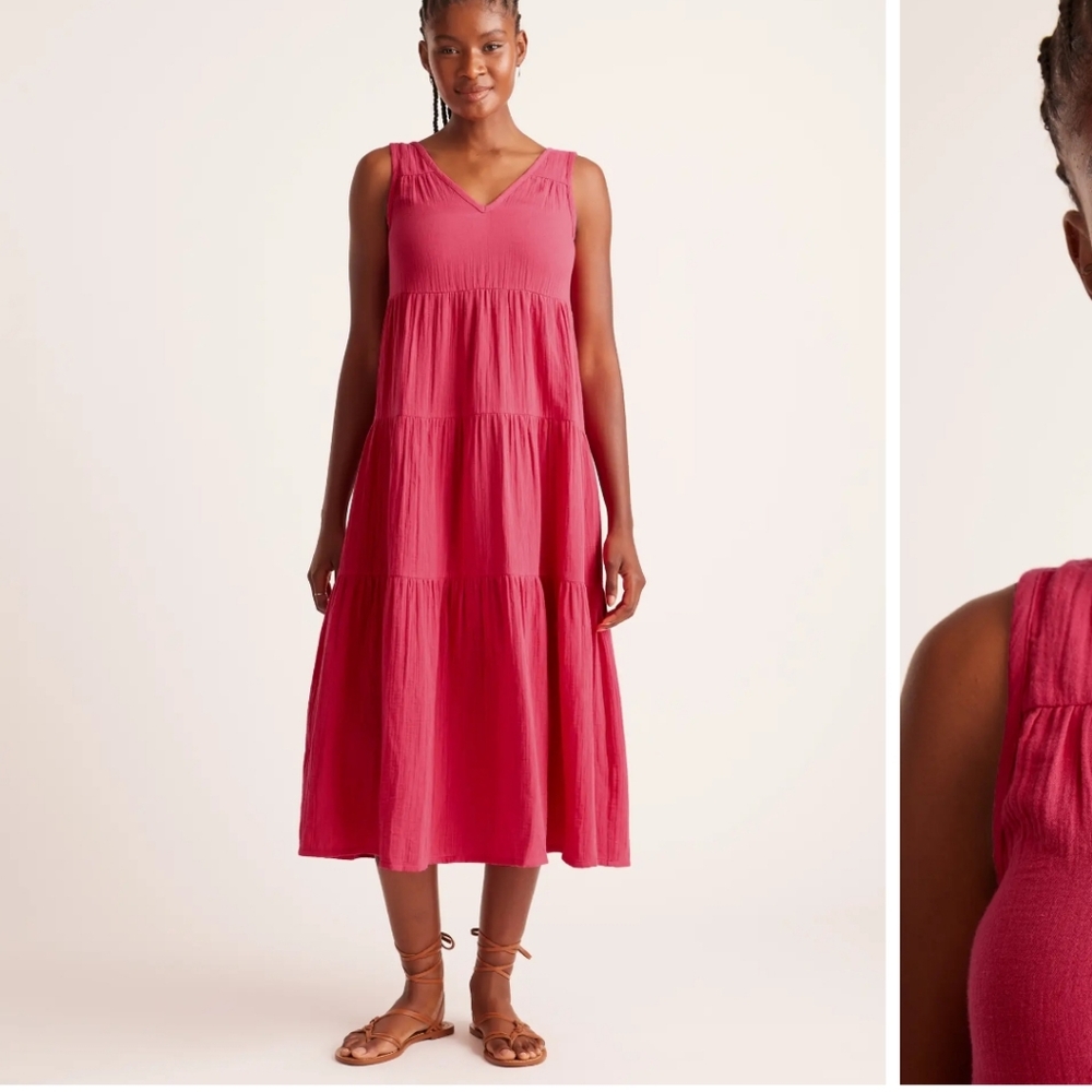 Quince Organic Cotton Gauze Tiered Dress Hot Pink L